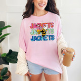 Jackets Stacked Pattern DTF Heat Transfer, colorful and trendy jacket design with stacked text pattern and a bee graphic.