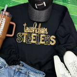 Touchdown Steelers Sequin Patch, black sweatshirt with gold and black embroidered sequined lettering for Pittsburgh Steelers football team.
