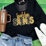 Touchdown Saints Sequin Patch, of gold and black glittered team logo on a black sweatshirt with white sneakers and a brown tumbler