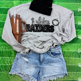 Touchdown Raiders Sequin Patch, a black sequin embroidered patch with silver accents, attached to a gray sweatshirt with other football themed accessories.