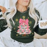 Preppy Christmas Tree DTF Heat Transfer, a Christmas tree design with pink bow, floral ornaments, and surrounded by gold snowflakes and stars.