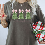 Merry Christmas Pink Stripe Bow Christmas Trees DTF Heat Transfer, decorative pink bow-topped Christmas tree design on a woman's t-shirt.