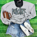 Raiders Sequin Patch, a stylish grey sweatshirt with a sparkling 'raiders' sequin patch, paired with ripped denim shorts, white sneakers with glitter accents, a football-themed cap, and a brown football-themed water bottle, laid out on a vibrant green surface.