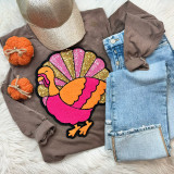 Pink Sequin Turkey Patch, colorful sequin embroidered turkey patch with pink, orange, and gold details for clothing decoration.