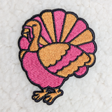 Pink Preppy Turkey Embroidered HAT/POCKET Patch, colorful embroidered patch featuring a pink and orange turkey design.