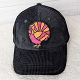 Pink Preppy Turkey Embroidered HAT/POCKET Patch, black corduroy baseball cap with colorful turkey patch embroidery on the front.