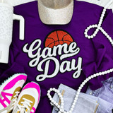 Basketball White Game Day Sequin Patch, embroidered patch featuring a basketball design and the text 'Game Day' on a purple fabric background, coordinated with sports shoes, a pearl necklace, a mug, and casual clothing items.