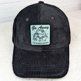 Go Away I'm Introverting FAUX Leather Patch, black corduroy cap with a humorous frog illustration and text.