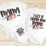 I Get It From My Mama Leopard Print Sublimation Transfer, white t-shirts and baby onesie featuring leopard print text with floral and arrow graphic design.
