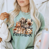 Happy Holidays Neutral DTF Heat Transfer, festive holiday design with presents and flowers on a woman's sweatshirt.