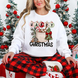 Happy Christmas DTF Heat Transfer, festive Christmas design on white sweatshirt featuring a Christmas mug, candy cane, pine branches, red bow, and holiday ornaments with the text 'HAPPY CHRISTMAS'