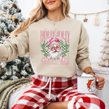 Holly Jolly Christmas Club DTF Heat Transfer, festive Christmas-themed graphic featuring Santa Claus with pink glasses and a Santa hat, surrounded by greenery, with pink and green text for holiday cheer.