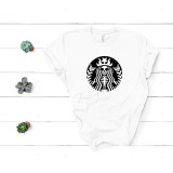 Starbucks Skeleton Parody Sublimation Transfer, black and white design of a skeleton with Starbucks logo style elements on a white t-shirt.