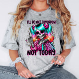 I'll Be Nice Tomorrow Not Today DTF Heat Transfer, colorful skeleton girl with rainbow-colored hair and skull face, holding a shopping bag and showing middle finger, with bold pink and black text