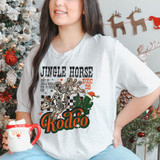 Jingle Horse Rodeo DTF Heat Transfer, a festive design featuring a rodeo scene with a rider on a bucking horse, Christmas-themed elements, and bold typography for holiday decoration.