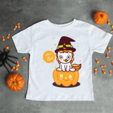 Unicorn baby halloween Trick or Treat pumpkin Sublimation Transfer, cute cartoon unicorn sitting on a pumpkin with witch hat and a speech bubble saying Trick or Treat