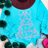 Pink Tree PUFF Screen Print Heat Transfer, vibrant pink outline of a Christmas tree with a bow on top on a turquoise sweatshirt.