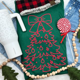 Red Tree PUFF Screen Print Heat Transfer, Christmas tree design with ornaments and a bow