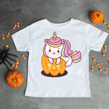 Unicorn baby halloween pumpkin Sublimation Transfer, cute unicorn with rainbow mane sitting on a carved pumpkin for Halloween