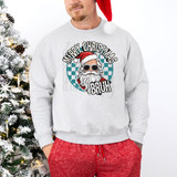 Merry Christmas Bruh DTF Heat Transfer, humorous Christmas-themed heat transfer design on a gray sweatshirt featuring Santa with sunglasses and the text 'Merry Christmas Bruh'.
