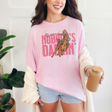 Nobody's Darlin DTF Heat Transfer, pink sweatshirt with cowboy girl riding a horse graphic.