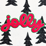 Dark Pink Chenille Jolly Patch, vibrant pink embroidered patch with the word 'hello' outlined in glittery green on a white background with black pine tree silhouettes.