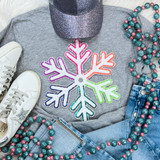 Multi-Colored Chenille/Sequin Snowflake Patch, vibrant snowflake embellishment with multicolored sequins and chenille threads on a gray sweatshirt.
