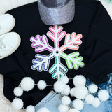 Multi-Colored Chenille/Sequin Snowflake Patch, vibrant multicolor snowflake patch with sequins and chenille outlining on black clothing.