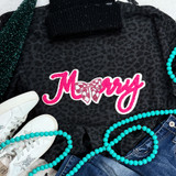 Merry Bow Chenille/Sequin Patch, pink and white embroidered patch with a bow design on a black leopard print fabric