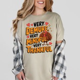 Very Demure Very Mindful Very Thankful DTF Heat Transfer, colorful illustrated t-shirt with turkey, hearts, and stars design.