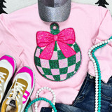 Pink and Green Checkered Bulb Sequin Patch, colorful glittery patch with checkered pattern and pink bow design for clothing embellishments.