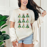Coquette Christmas Trees DTF Heat Transfer, a shirt with a festive design of colorful Christmas trees with bows and ornaments.