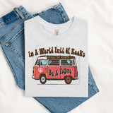 In A World Full Of Kooks Be A Pogue DTF Heat Transfer T-Shirt with graphic of a colorful vintage van and retro text design.
