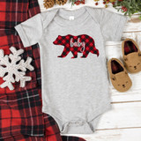 Baby Bear Red Buffalo Plaid DTF Heat Transfer, baby bear silhouette with red and black buffalo plaid pattern and the word 'baby' inside the silhouette.