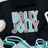 Holly Jolly Sequin Patch, colorful sequin holiday patch with the text 'Holly Jolly' in pink, blue, and green sequins.