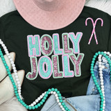 Holly Jolly Sequin Patch, colorful and shiny holiday-themed sequin patch with the words "Holly Jolly" embroidered on a black shirt.