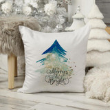 Merry and Bright Blue Christmas Tree Gold Glitter Effect Sublimation Transfer pillow, decorated with a festive Christmas tree design with gold glitter accents, in a cozy holiday setting.