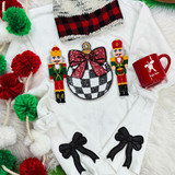 Black Glitter Bow Sides Sequin Patch SET OF 2, festive holiday sweatshirt with glittery bows and nutcracker patches, surrounded by Christmas decorations.