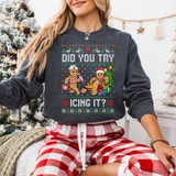 Did You Try Icing It? Gingerbread DTF Heat Transfer, a festive Christmas-themed sweater featuring gingerbread characters dressed as medical professionals, holiday decorations, and the phrase 'Did You Try Icing It?' in a holiday knit style.