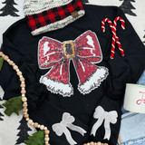 Silver Glitter Bow Sides Sequin Patch SET OF 2, close-up of two sequin patches with silver glitter bows on a black sweatshirt and accessories.