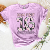 John Three 16 Floral DTF Heat Transfer, pink t-shirt with floral design and biblical quote