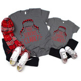 You Serious Clark YOUTH Screen Print Heat Transfer, grey children's t-shirts with red text and graphic design featuring a character with a hat and glasses, displayed with sneakers and plaid scarves.