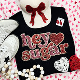 Hey Sugar Sequin Patch, red and pink glittery heart and letter patches for decorating clothing and accessories.