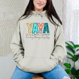 Yaya She Is Clothed In Gratitude Counting Blessings Every Day DTF Heat Transfer, woman wearing a hoodie with colorful embroidered letters spelling YAYA and a message below.