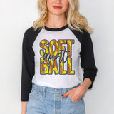 Softball Aunt Faux Embroidery DTF Heat Transfer, woman wearing a baseball-themed sweatshirt with embroidered softball and lettering design.