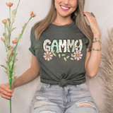 Gammy Easter Pattern DTF Heat Transfer, a colorful floral designed heat transfer applied on a gray t-shirt.