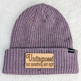 Undiagnosed But Something Aint Right Leather Hat Patch, purple knitted beanie hat with a leather patch featuring the text