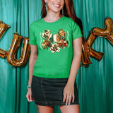 Vintage St Patrick's Day DTF Heat Transfer, colorful graphic design on a green T-shirt featuring festive characters and symbols.