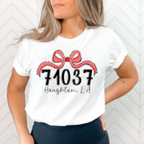 Haughton, LA Zip Code Bow DTF Heat Transfer, custom T-shirt with red bow graphic, bold black numbers 71037, and handwritten style 'Haughton, LA' text.