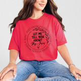 Let Me Tell You About My Jesus He Saves Sinners Makes A Way Rises From An Empty Grave BLACK DTF Heat Transfer, close-up of a woman wearing a red T-shirt with this inspirational religious message.